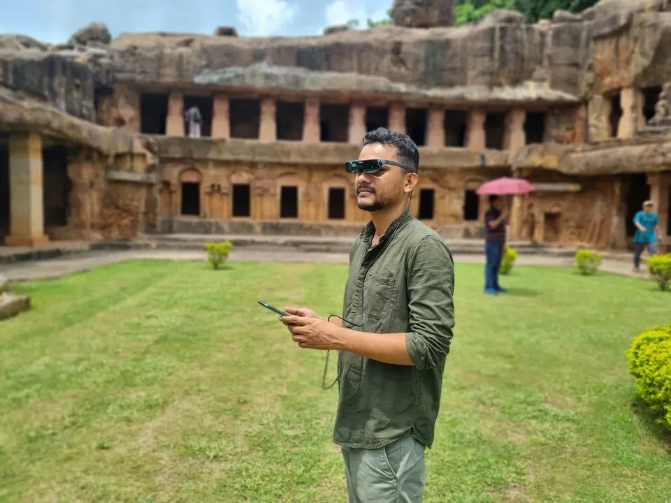 Visitors using AR glasses at Khandagiri and Udayagiri caves